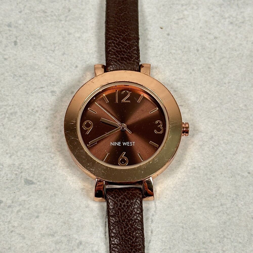 Nine West Watch Womens 34mm Round Brown Dial Skinny Band Gold Tone New Battery